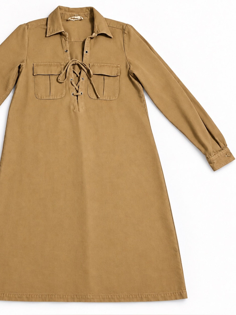 Nili Lotan Lace-Up Long Sleeve Shirt Dress in Tan